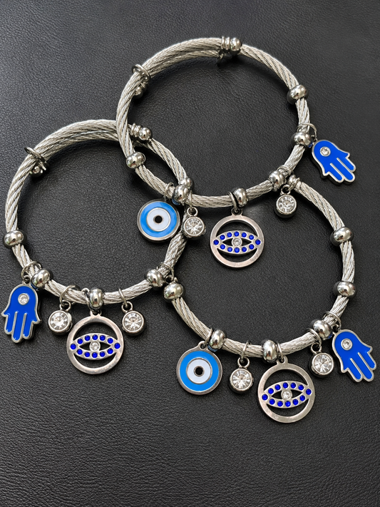 Silver Evil Eye Hamsa Bangle