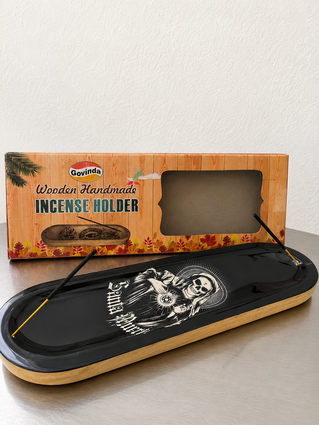 🕯️ Porta Incienso de Madera – Santa Muerte