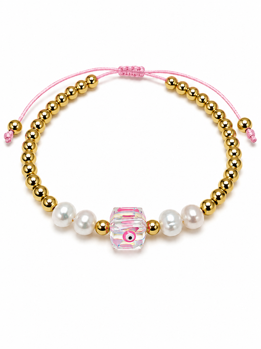 🩷 Pulsera Ojo Protector Rosa con Perlas